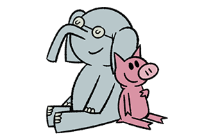 An illustration of a pig leaning against a small elephant