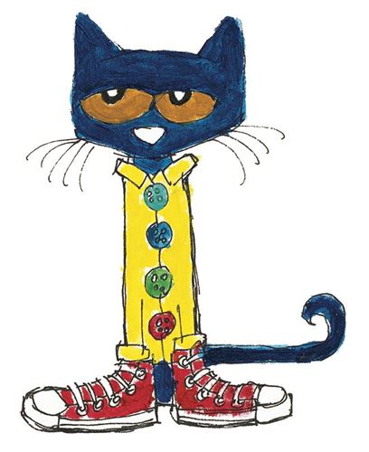 An illustration of a thin, blue cat wearing a yellow jacket and red shoes